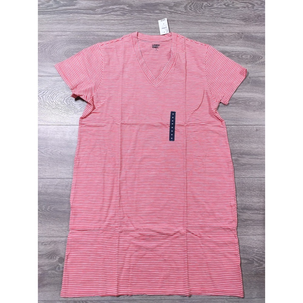Lands End Dress Women Medium 10-12 Red Striped V-Neck T-Shirt Slub Cotton